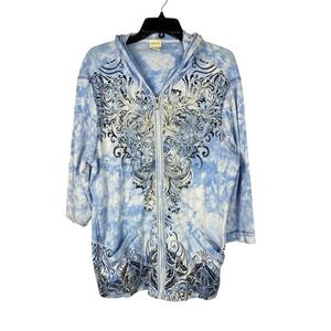 Chicos Embellished Zip Up Jacket Cotton Rhinestone Y2K sz 3 / XL Blue Grunge